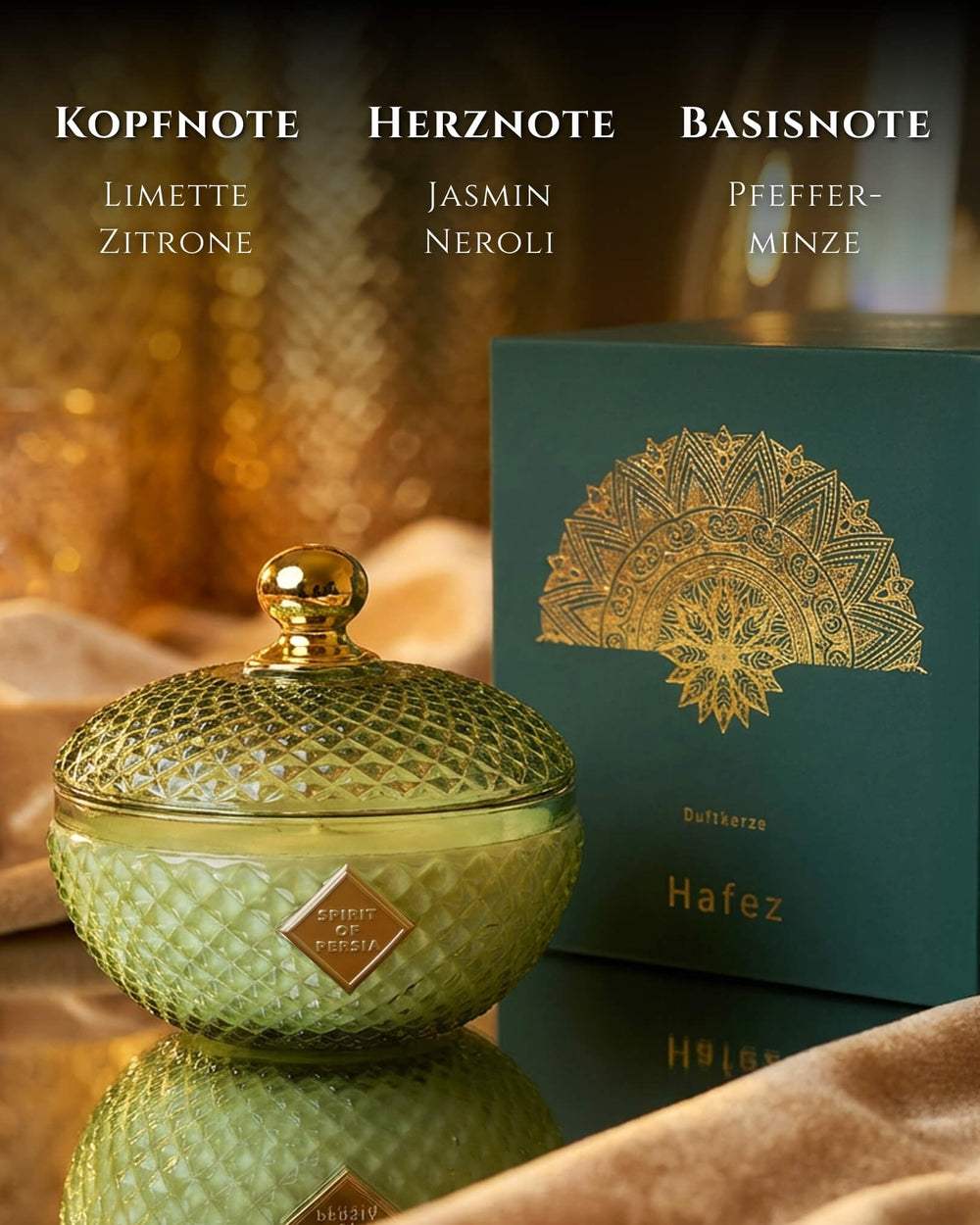 Duftkerze Hafez aus Sojawachs neben edler Geschenkbox mit Duftnoten Limette, Jasmin & Pfefferminze – Spirit of Persia