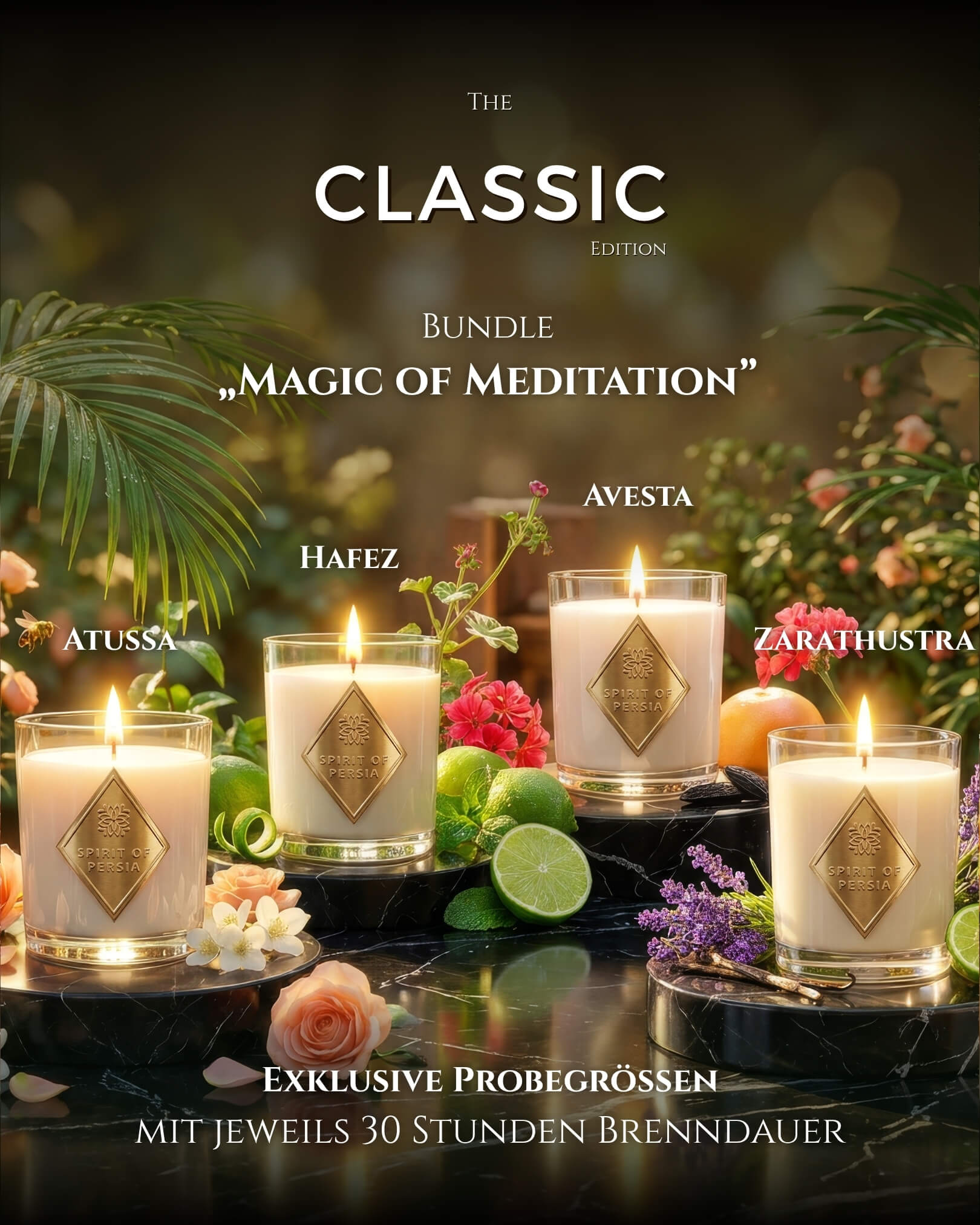 Classic-Set Magic of Meditation – vier Probegrößen-Duftkerzen (180 ml) aus Sojawachs, Spirit of Persia