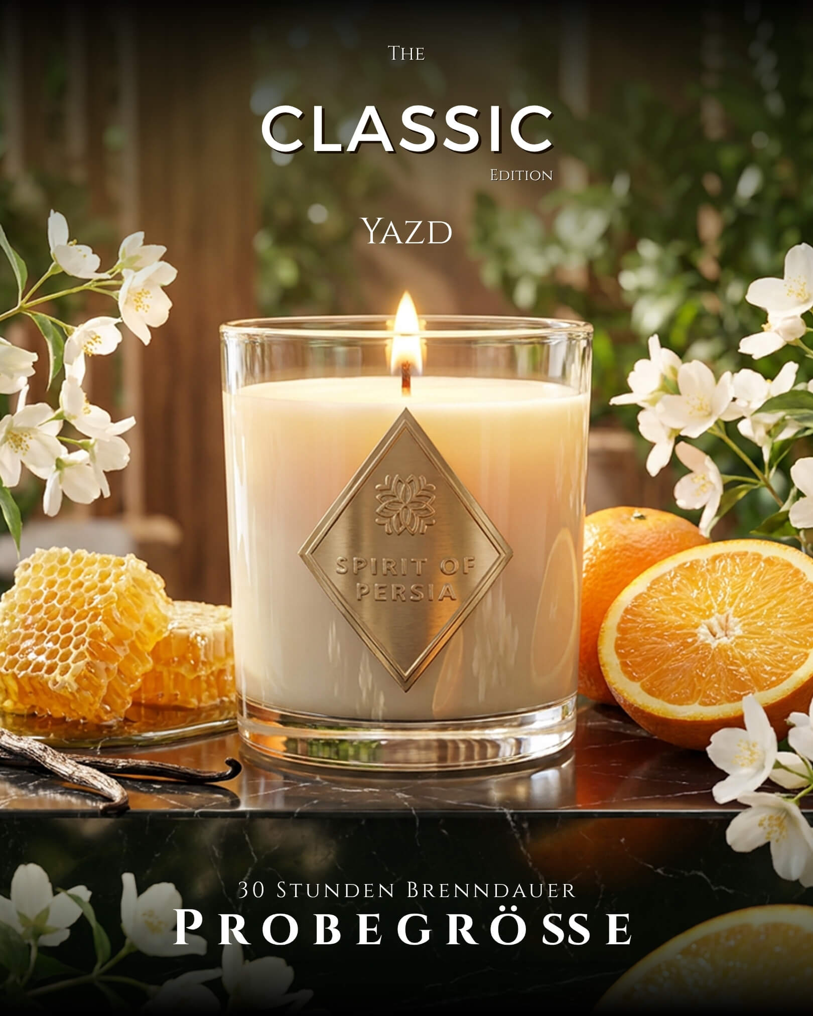 Orientalische Duftkerze Yazd Probegröße, 180 ml aus Sojawachs – Orange & Vanille, Spirit of Persia