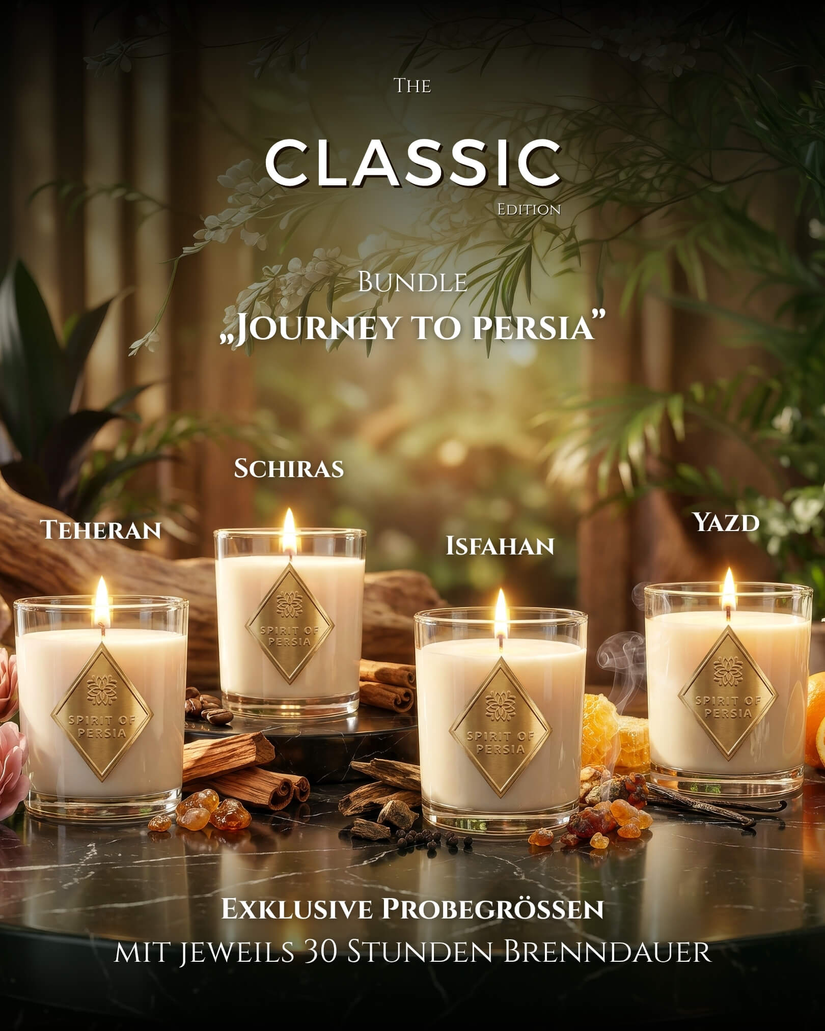 Classic-Set Journey to Persia – vier Probegrößen-Duftkerzen (180 ml) aus Sojawachs, Spirit of Persia