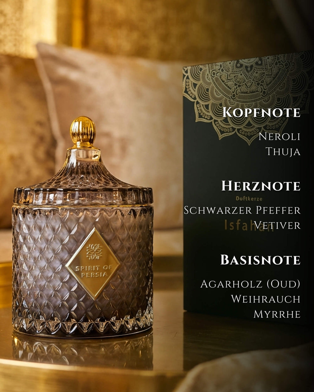 Oud-Duftkerze Isfahan aus Sojawachs neben edler Geschenkbox mit Duftnoten Oud, Weihrauch & Myrrhe – Spirit of Persia