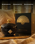 Duftkerze Zarathustra aus Sojawachs neben edler Geschenkbox mit Duftnoten Lavendel, Vanille & Sandelholz – Spirit of Persia