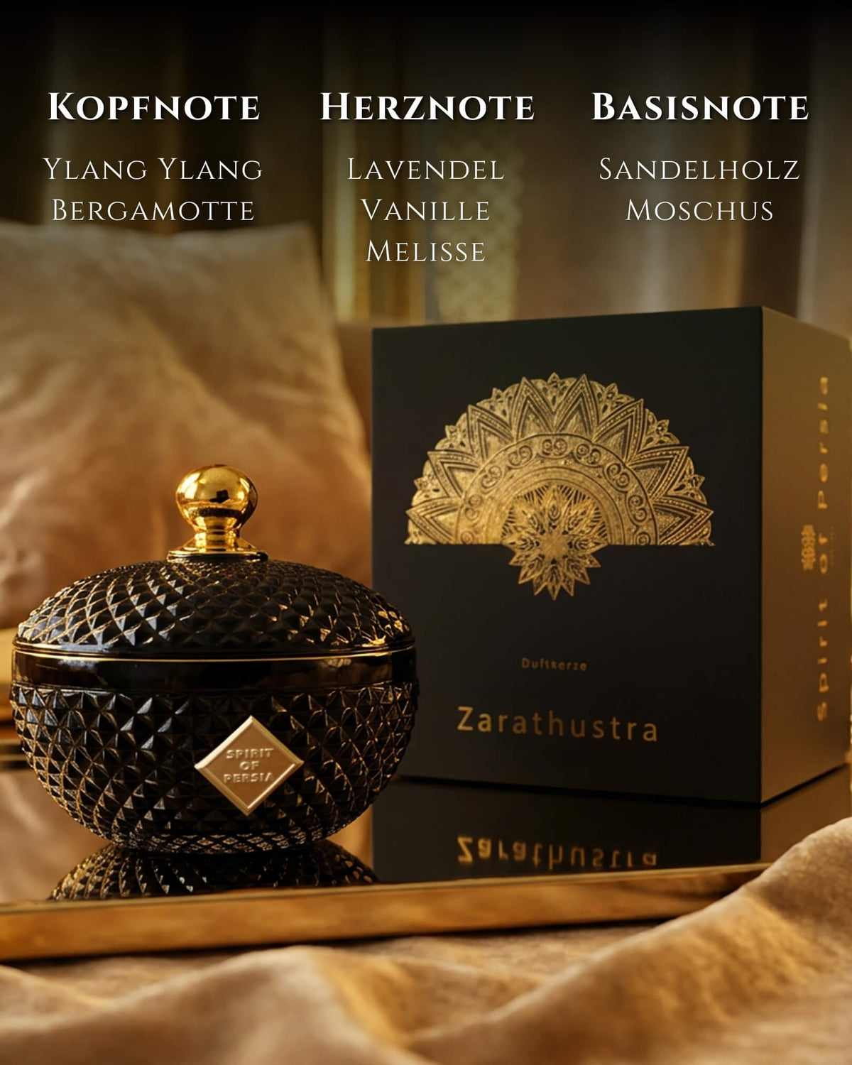 Duftkerze Zarathustra aus Sojawachs neben edler Geschenkbox mit Duftnoten Lavendel, Vanille & Sandelholz – Spirit of Persia
