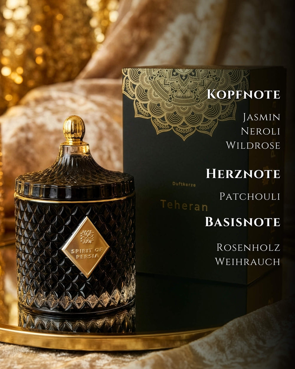 Duftkerze Teheran aus Sojawachs neben edler Geschenkbox mit Duftnoten Jasmin, Wildrose & Weihrauch – Spirit of Persia
