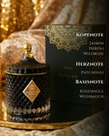 Duftkerze Teheran aus Sojawachs neben edler Geschenkbox mit Duftnoten Jasmin, Wildrose & Weihrauch – Spirit of Persia
