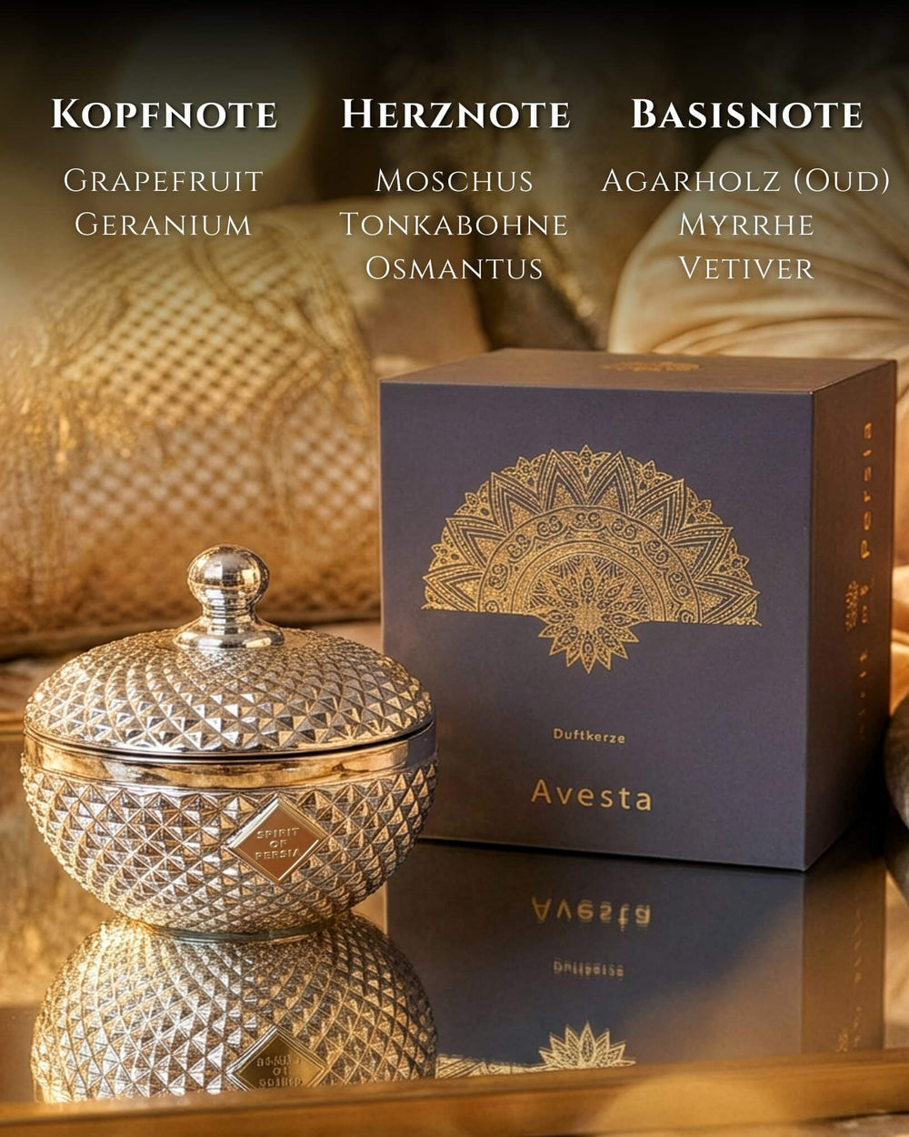 Duftkerze Avesta aus Sojawachs neben edler Geschenkbox mit Duftnoten Oud, Myrrhe & Vetiver – Spirit of Persia