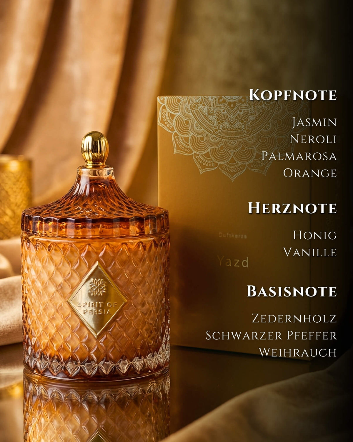Duftkerze Yazd aus Sojawachs neben edler Geschenkbox mit Duftnoten Orange, Honig & Vanille – Spirit of Persia