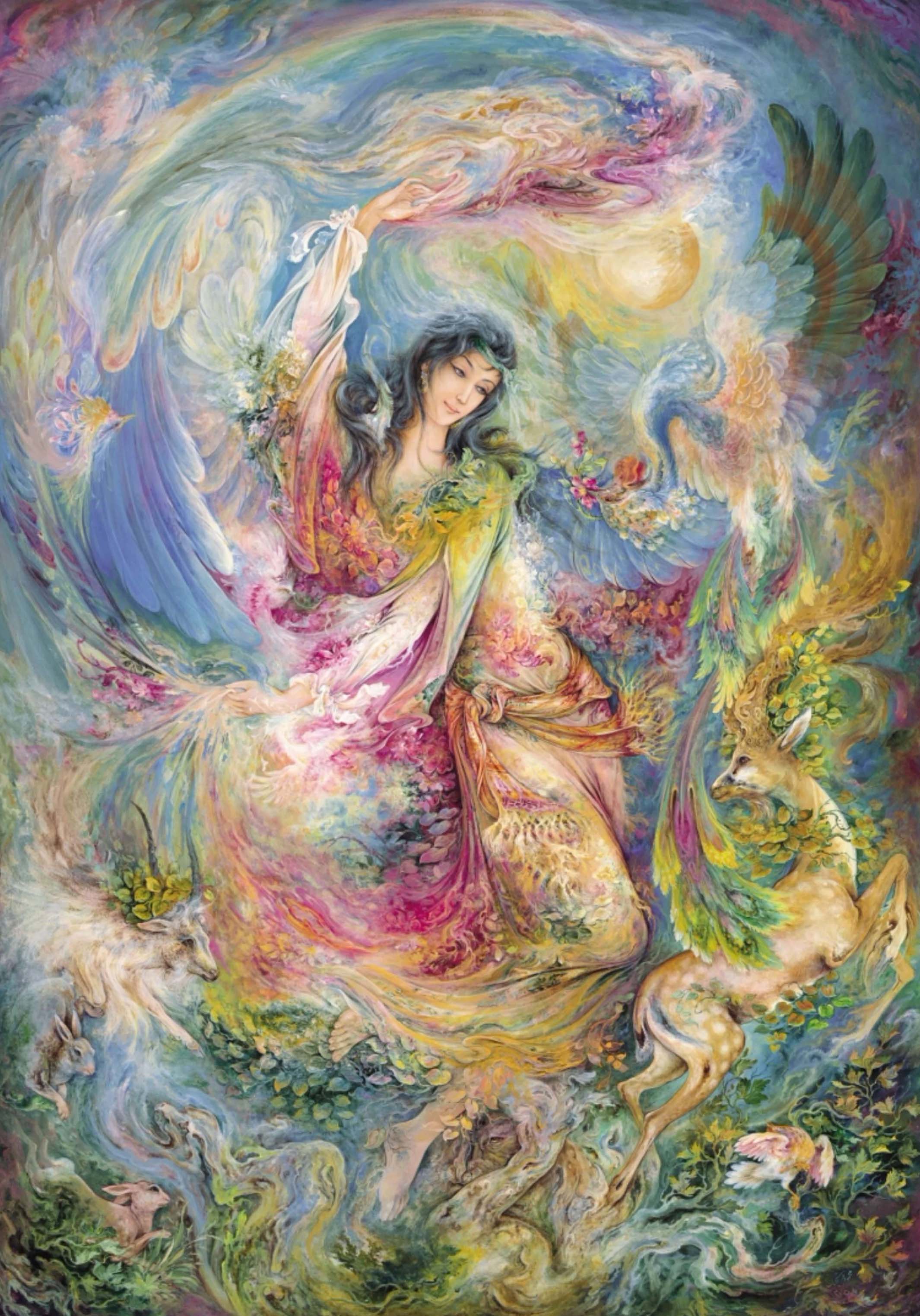 Ein abstraktes Bild von Prinzessin Atussa aus Persien. Sie ist umgeben von mehreren Tieren.