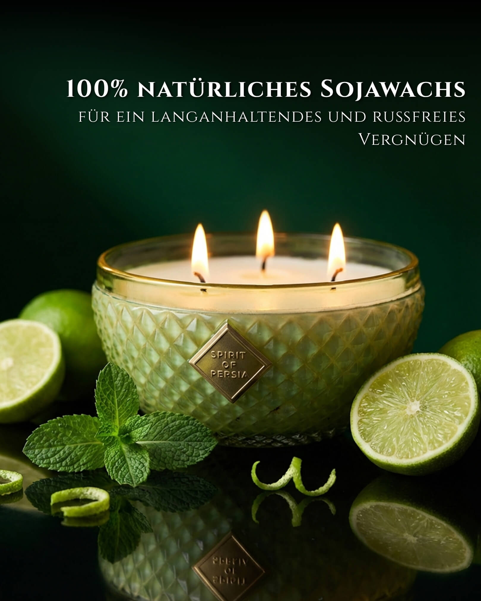 Brennende Duftkerze Hafez aus 100% natürlichem Sojawachs – Limette, Jasmin & Pfefferminze – Spirit of Persia