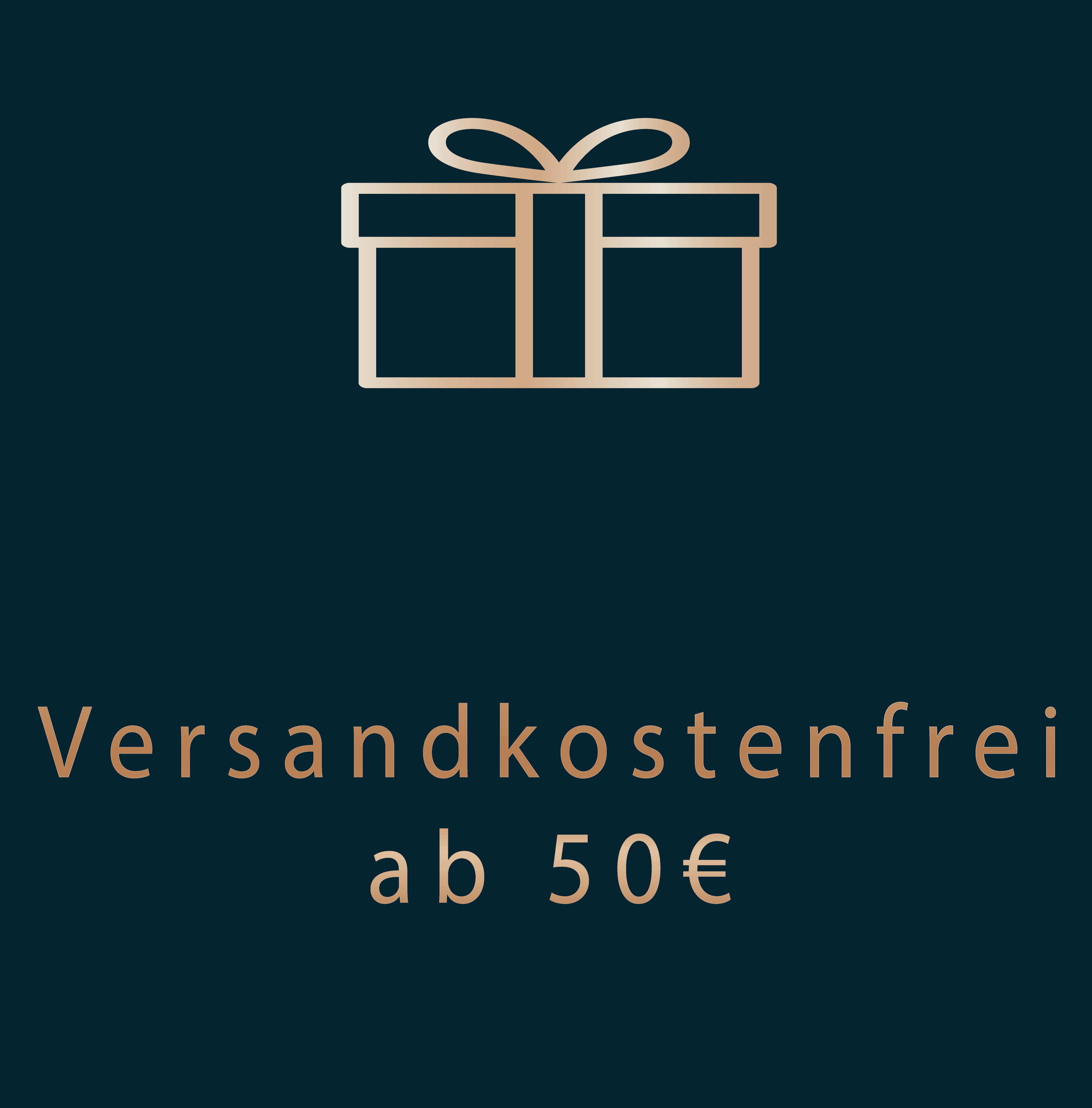 Goldene Schrift: „Versandkostenfrei ab 50€" auf dunkelblauen Hintergrund