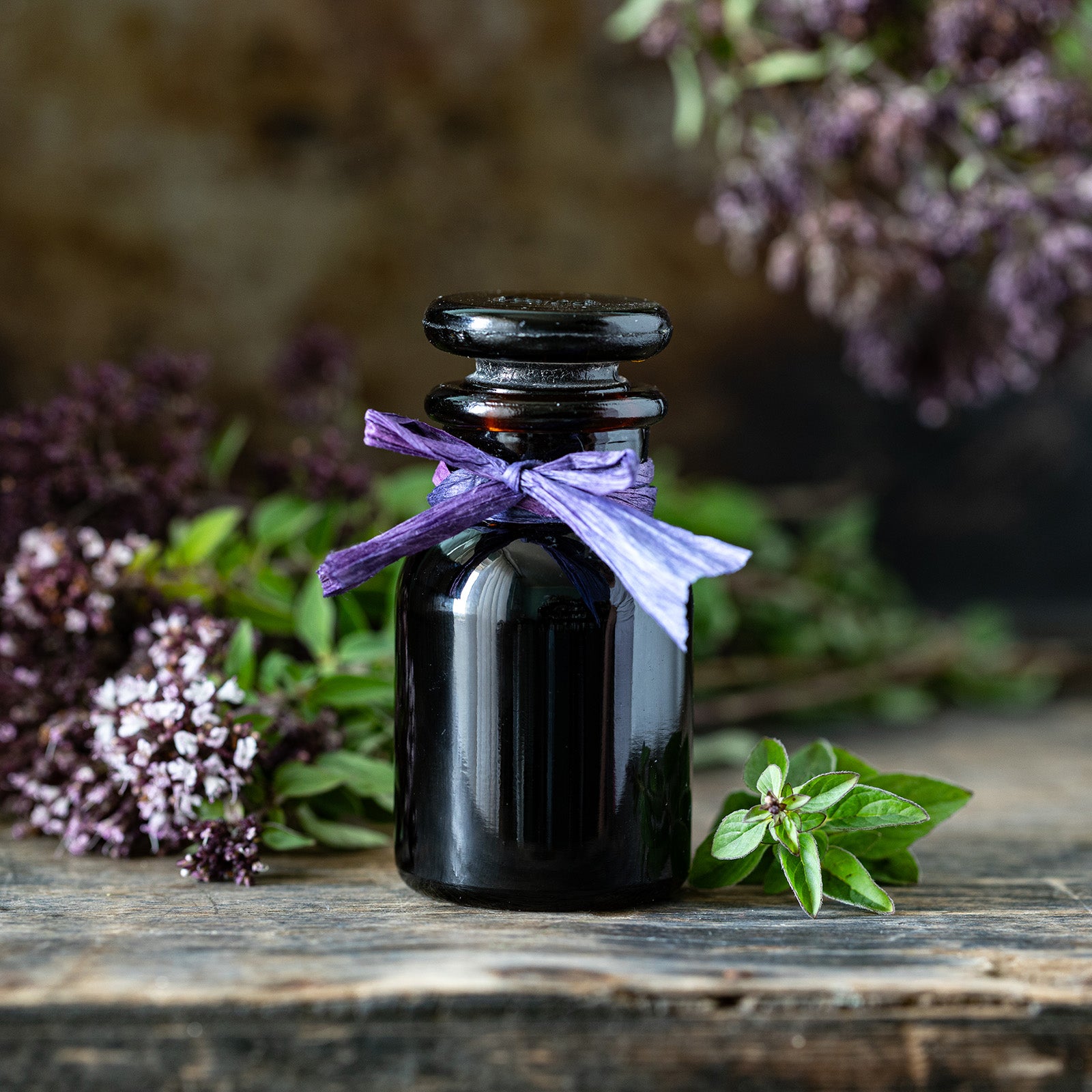 Eine schwarze Flasche mit ätherischem Öl steht auf einem Tisch. Im Hintergrund ist ein Lavendelstrauch.
