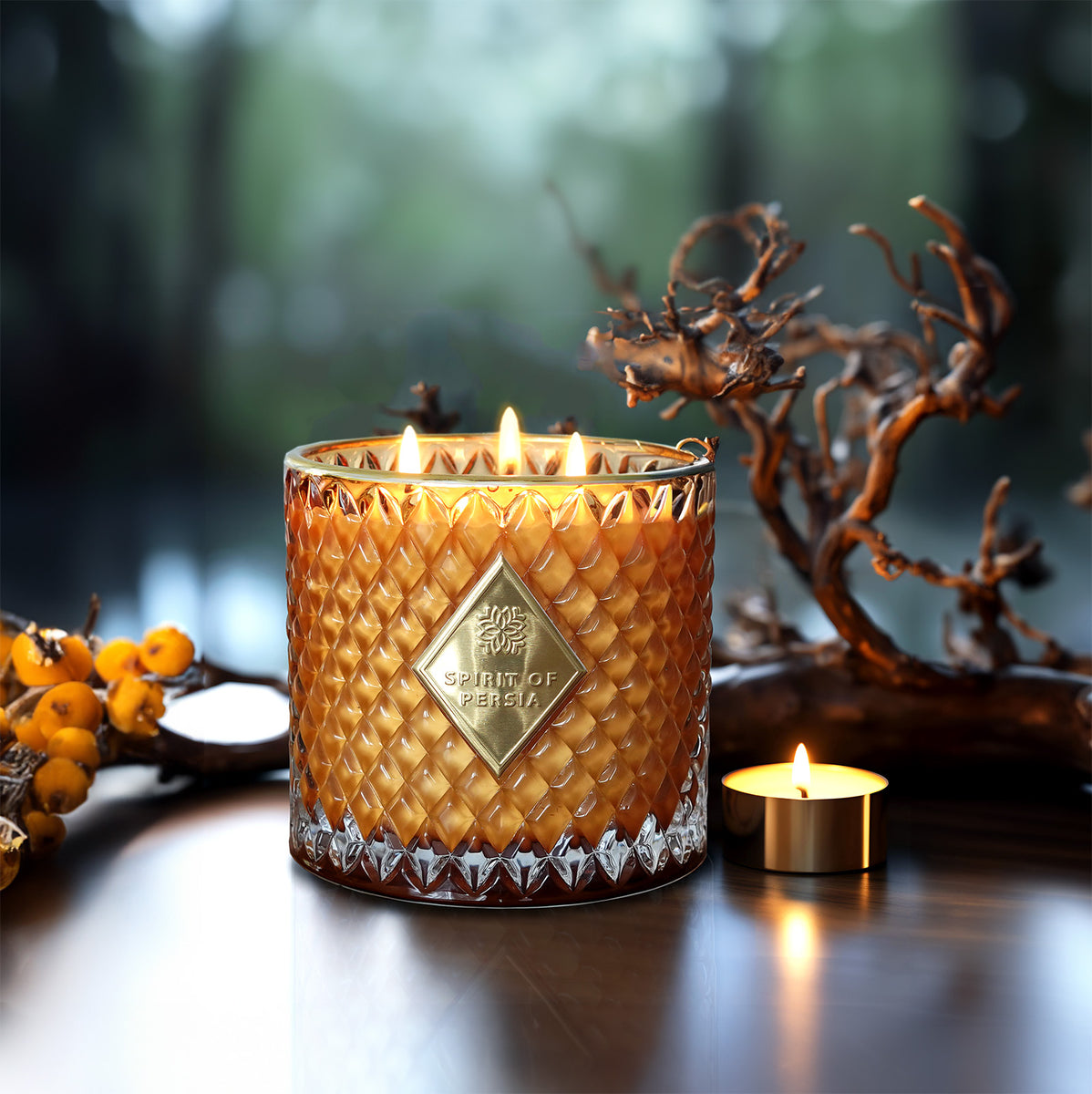 Unsere luxuriöse Duftkerze Yazd steht mit einem goldenen Teelich auf einem Holztisch, der mit Holzelementen dekoriert ist